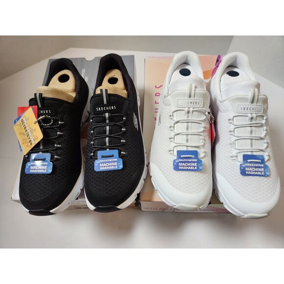 2 Pairs Skechers Glide-Step Women’s Size 7 Wide Fit | Black & White | No-Tie - Picture 2 of 11